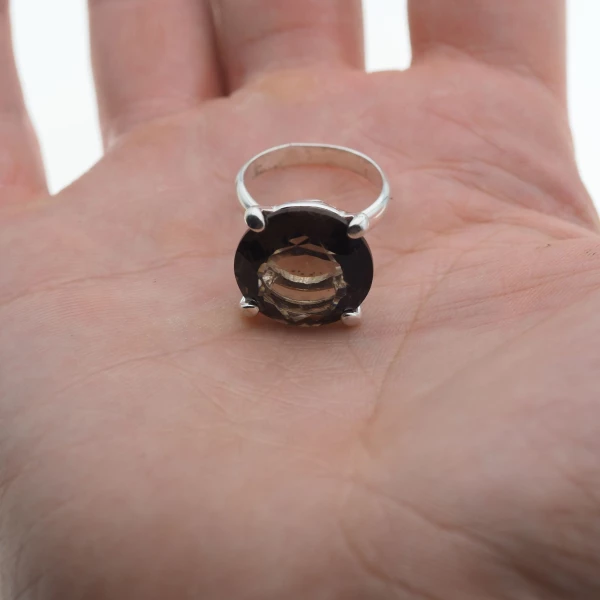 Kwarc dymny i srebro - pierścionek koło (rozmiar jubilerski 14 lub 17)