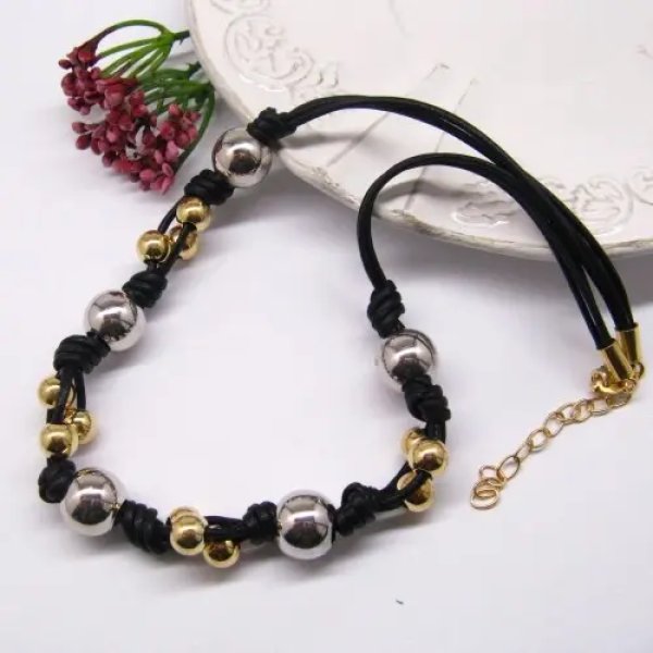 Naszyjnik ze srebra i srebra złoconego – 925 – czarny rzemień z kulkami – 41+5 cm