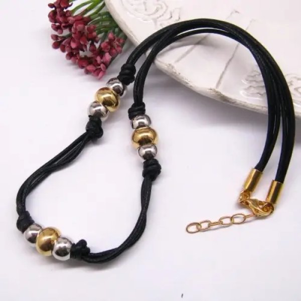 Naszyjnik ze srebra i srebra złoconego – 925 – czarny rzemień z kulkami – 41+3 cm
