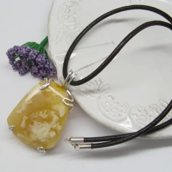 Biały Bursztyn, Rzemień i Srebro - naszyjnik