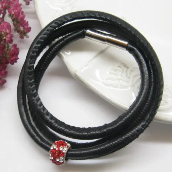 Rzemień i przekładka srebrna z cyrkoniami - bransoleta