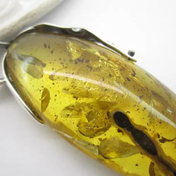 Bursztyn z inkluzją roślinną (łodyga) i srebro oksydowane - zawieszka