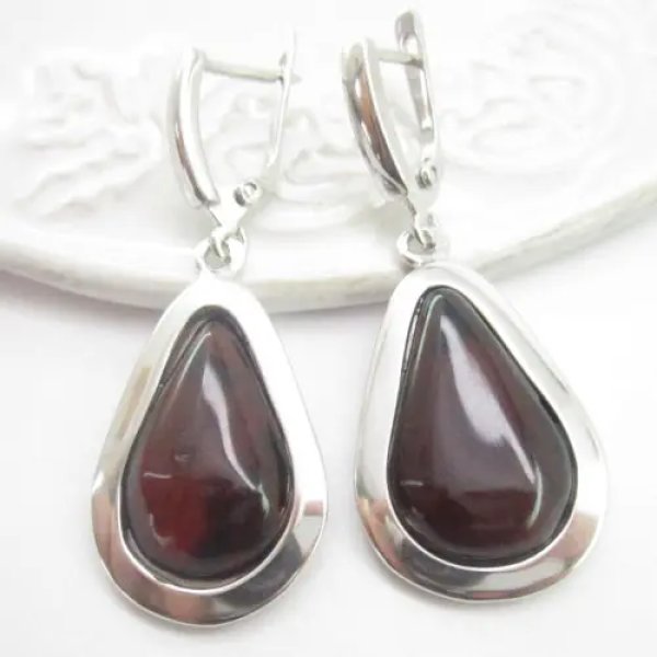 Koniakowy Bursztyn w srebrze - kolczyki łzy