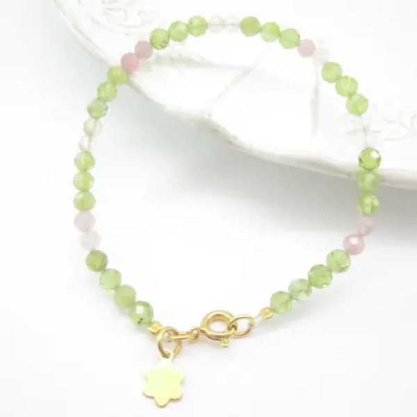 Oliwin, Cytryn, Kwarc Różowy fasetowany i srebro złocone - bransoletka