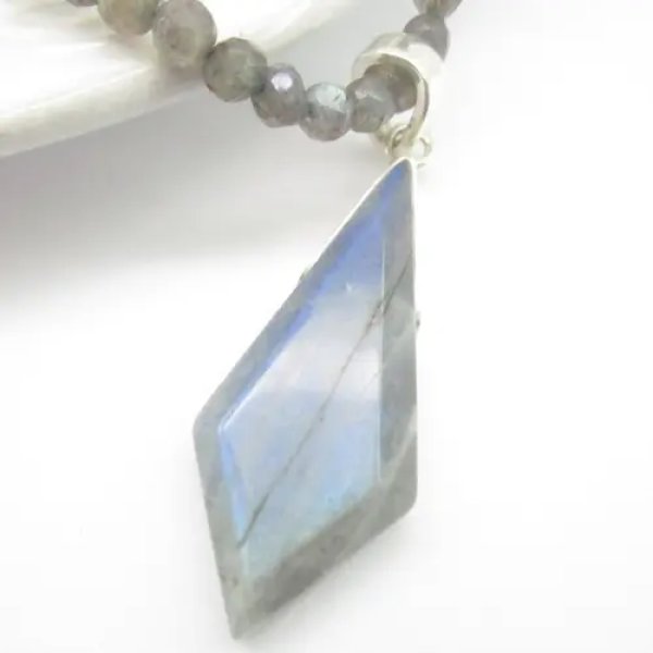 Labradoryt, Hematyt, Kamień Księżycowy i elementy srebrne - długi naszyjnik