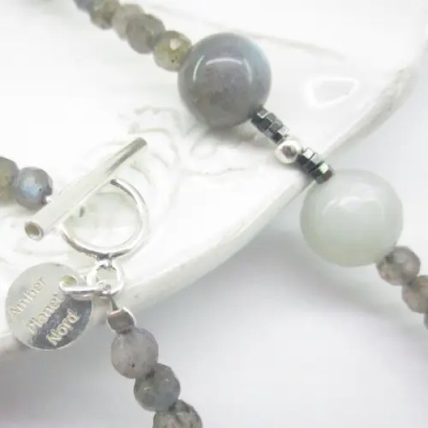 Labradoryt, Hematyt, Kamień Księżycowy i elementy srebrne - długi naszyjnik
