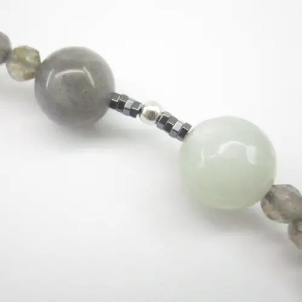 Labradoryt, Hematyt, Kamień Księżycowy i elementy srebrne - długi naszyjnik