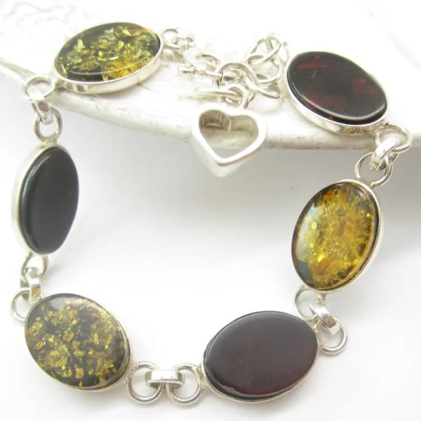 Bursztyn koniakowy, zielony i srebro - bransoletka z zakończeniem w kształcie serca