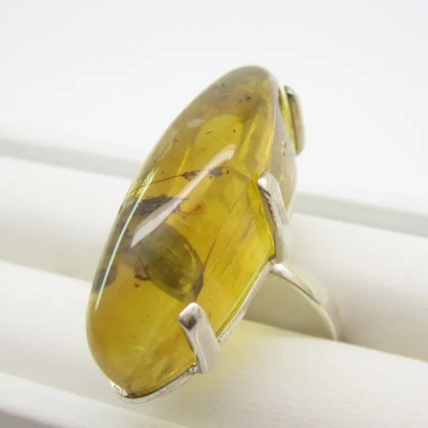 Bursztyn przezroczysty z inkluzjami i srebro - pierścionek z owadami, roślinami i pęcherzykami powietrza