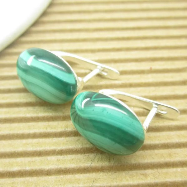 Malachit i srebro - kolczyki - owalne 14x10 mm (para)