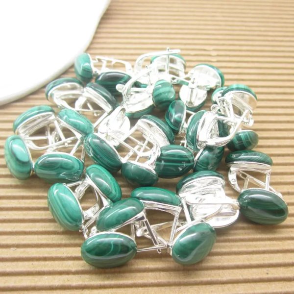 Malachit i srebro - kolczyki - owalne 14x10 mm (para)