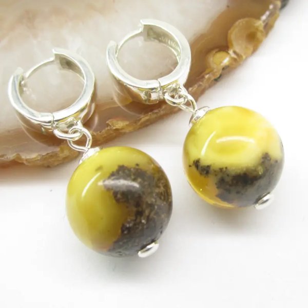 Bursztyn i srebro - kolczyki kulka (para)