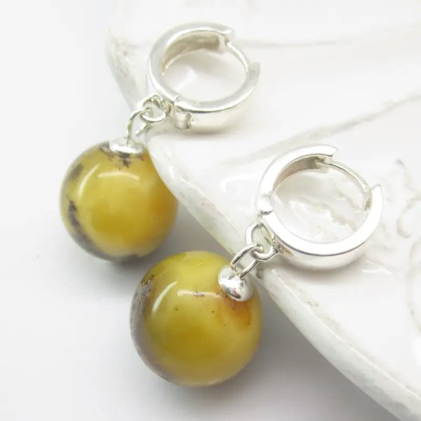 Bursztyn i srebro - kolczyki kulka (para)