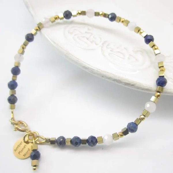 Kwarc Różowy, Lapis, Hematyt i srebro złocone - bransoletka