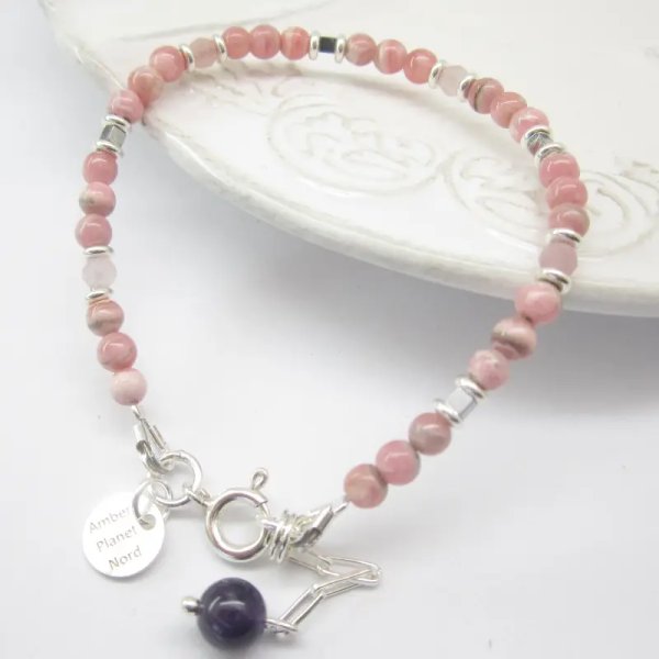 Rodochrozyt, Kwarc Różowy, Hematyt i srebro - bransoletka