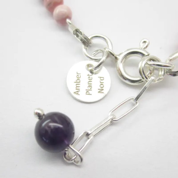 Rodochrozyt, Kwarc Różowy, Hematyt i srebro - bransoletka