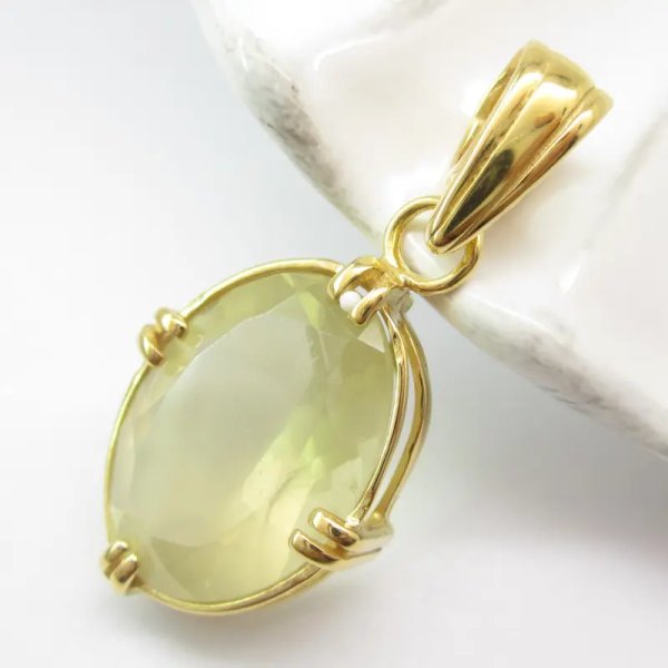 Cytryn (Lemon) fasetowany i srebro złocone - wisiorek owal