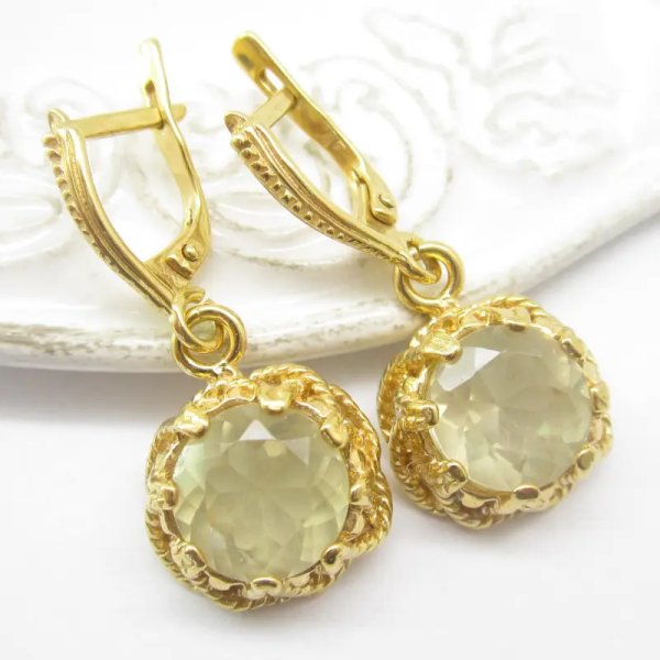 Cytryn (Lemon) fasetowany w srebrze złoconym - kolczyki okrągłe