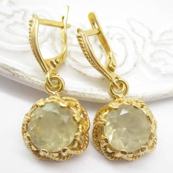 Cytryn (Lemon) fasetowany w srebrze złoconym - kolczyki okrągłe