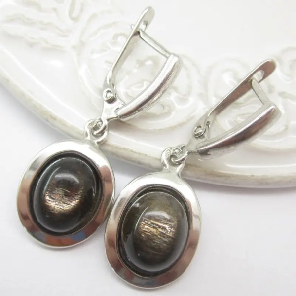 Kamień Słoneczny i srebro rodowane - kolczyki owale (para)