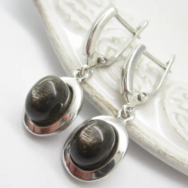 Kamień Słoneczny i srebro rodowane - kolczyki owale (para)