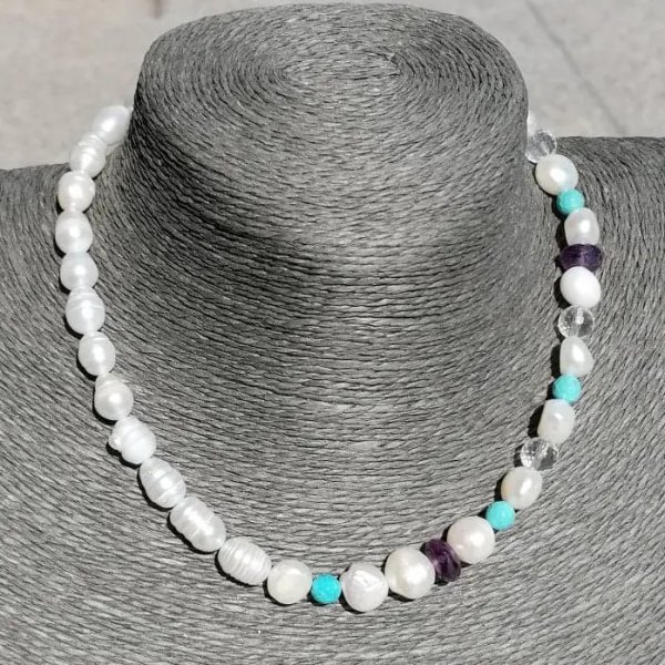 Perły Naturalne, Ametysty, Turkusy, Kryształ Górski i srebro złocone - naszyjnik 