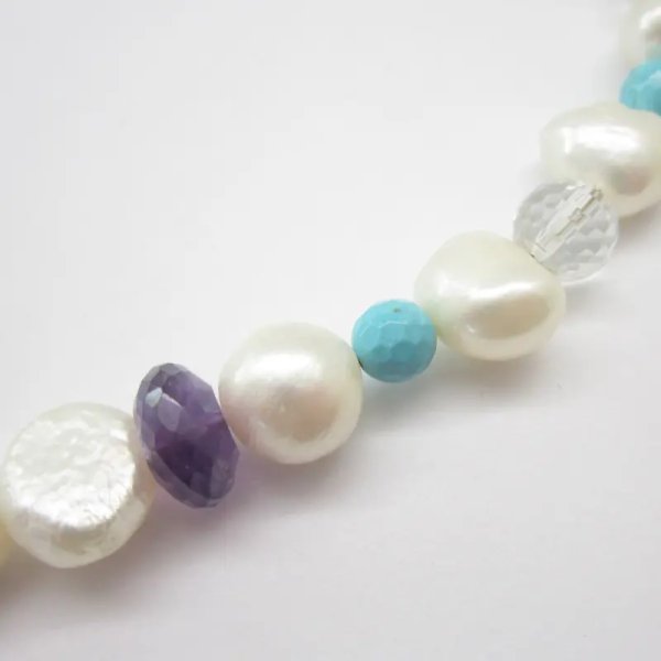 Perły Naturalne, Ametysty, Turkusy, Kryształ Górski i srebro złocone - naszyjnik 