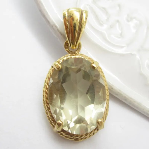 Cytryn (Lemon) fasetowany i srebro złocone - wisiorek owal