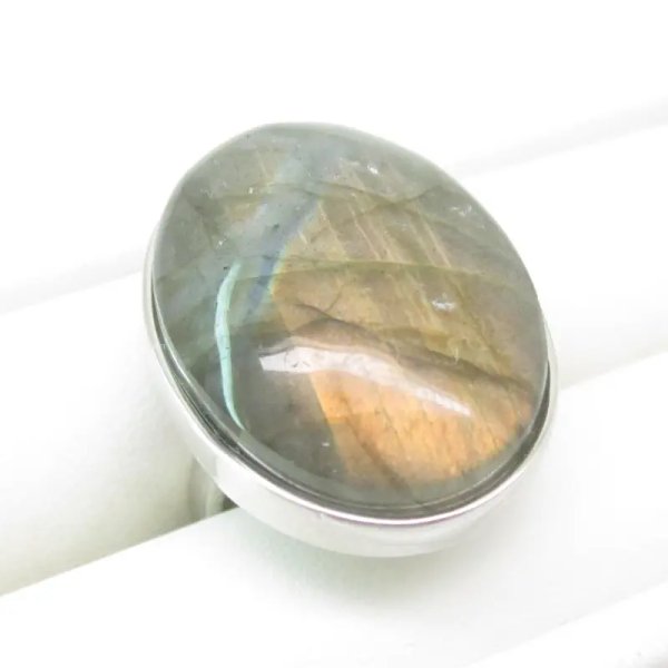 Labradoryt i srebro rodowane - pierścionek owal (Rozmiar Jubilerski 14) z regulacją