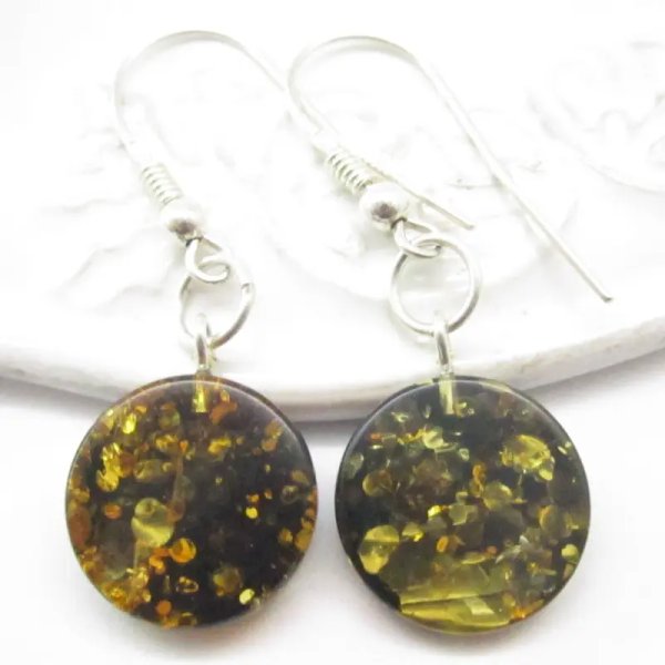 Zielony Bursztyn i srebro - kolczyki okrągłe
