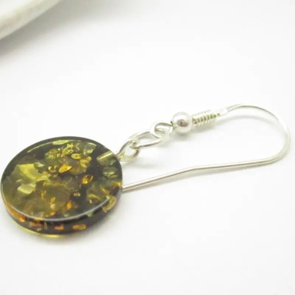 Zielony Bursztyn i srebro - kolczyki okrągłe