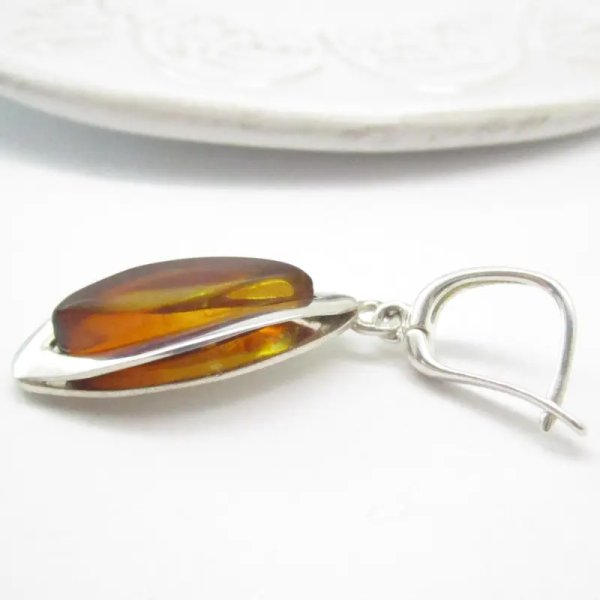 Koniakowy Bursztyn i srebro - kolczyki, zawieszka i pierścionek - markizy