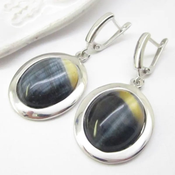 Sokole Oko w srebrze rodowanym - kolczyki owale