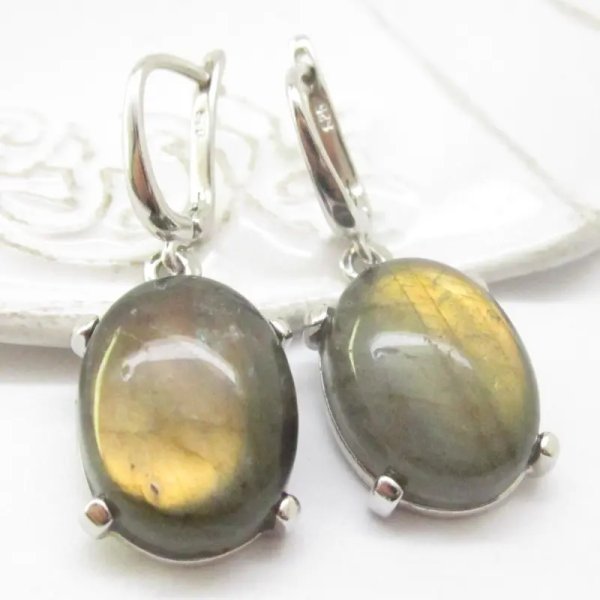 Labradoryt i srebro rodowane - kolczyki owale