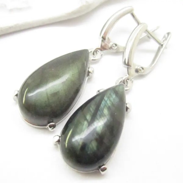 Labradoryt i srebro rodowane - kolczyki łzy