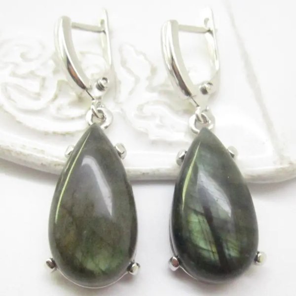 Labradoryt i srebro rodowane - kolczyki łzy