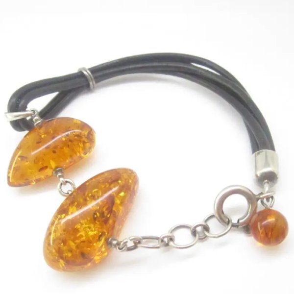Bursztyn koniakowy, rzemień i srebro oksydowane - bransoletka