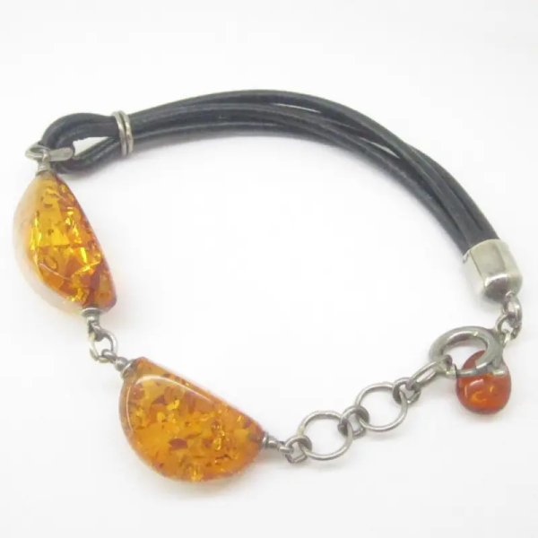 Bursztyn koniakowy, rzemień i srebro oksydowane - bransoletka