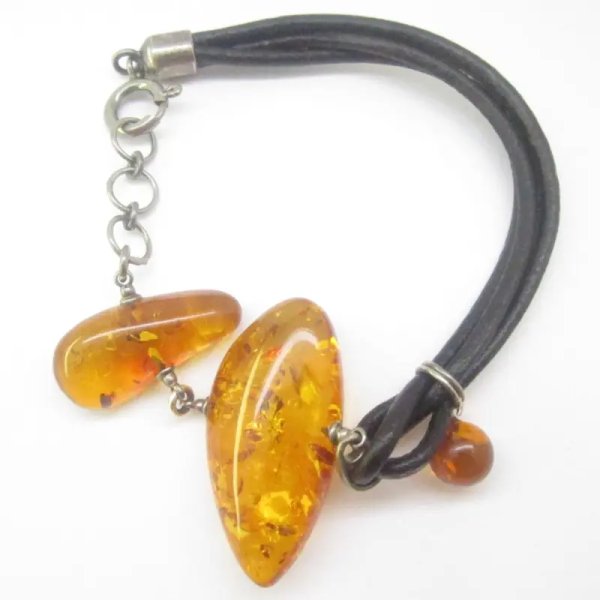 Bursztyn koniakowy, rzemień i srebro oksydowane - bransoleta