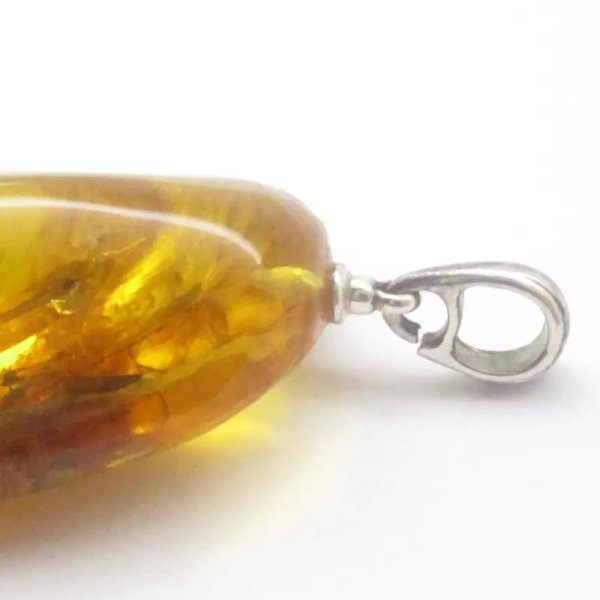 Owady, inkluzje roślinne w bursztynie i srebro - wisiorek z rzemieniem