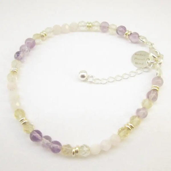 Ametyst, Morganit, Kryształ Górski i srebro - bransoletka 18 cm + 2,5 cm regulacji