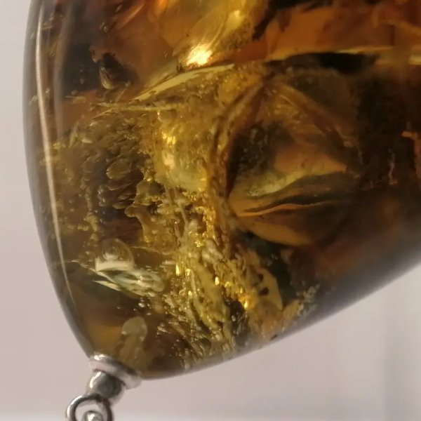 Inkluzje roślinne i pęcherzyki powietrza w bursztynie i srebro - wisiorek z rzemieniem