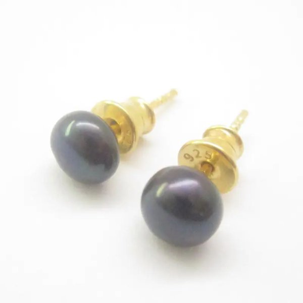 Perła granatowa i srebro złocone - kolczyki sztyfty - okrągłe 6 mm (para)
