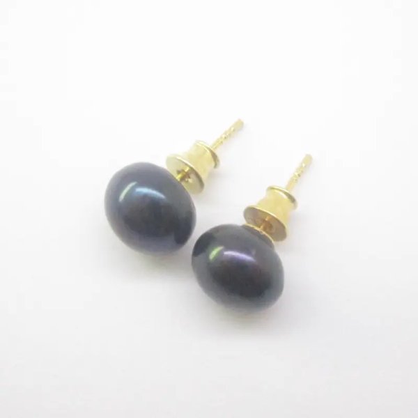 Perła granatowa i srebro złocone - kolczyki sztyfty - okrągłe 8 mm (para)