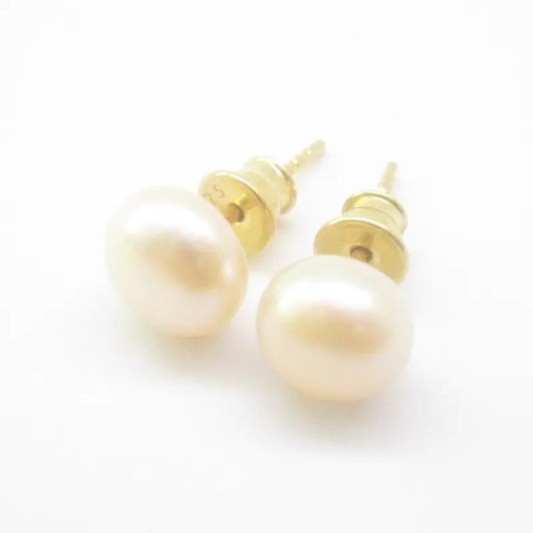 Perła łososiowa i srebro złocone - kolczyki sztyfty - okrągłe 10 mm (para)