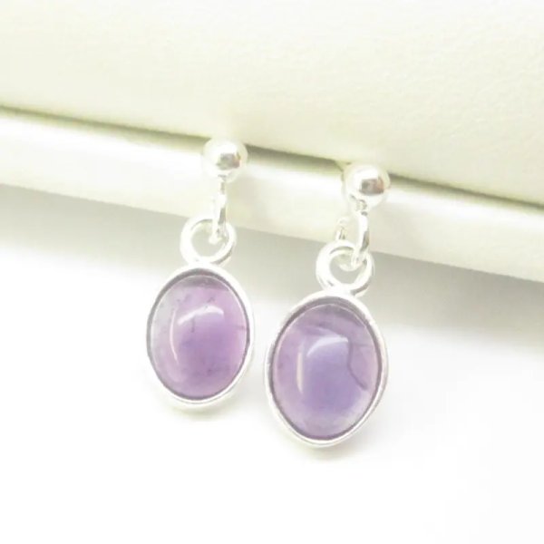 Ametyst i srebro - kolczyki wiszące sztyfty - owale (para)