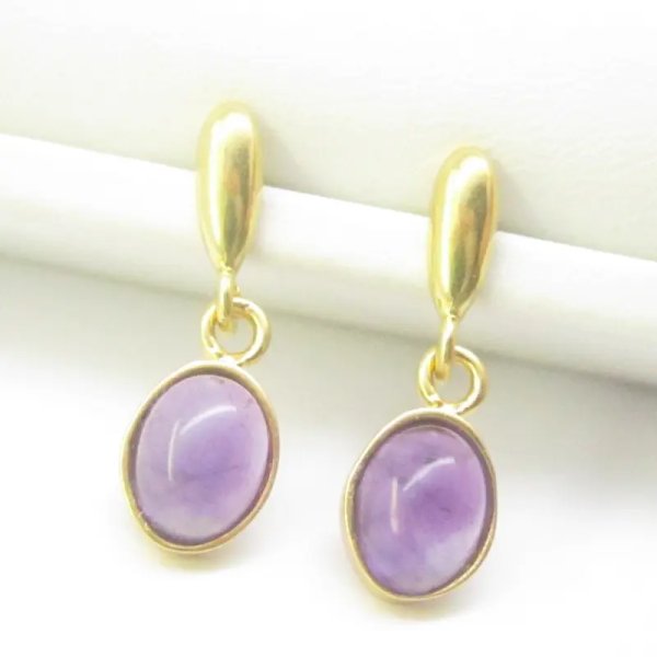 Ametyst i srebro złocone - kolczyki wiszące sztyfty - owale (para)