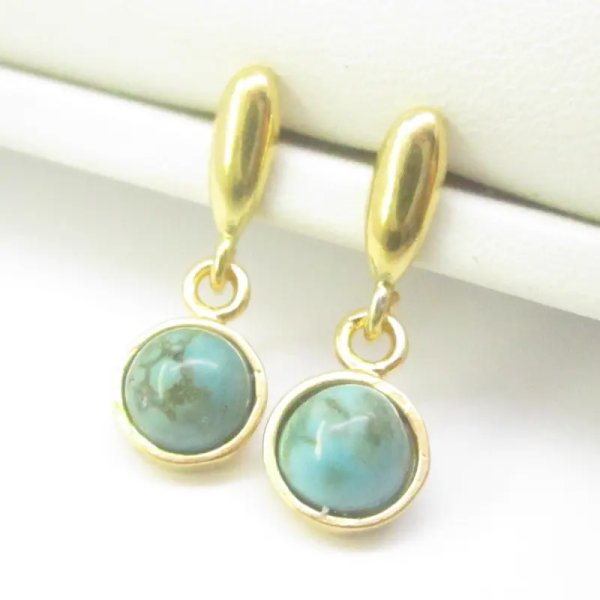 Turkus i srebro złocone - kolczyki wiszące sztyfty - okrągłe (para)