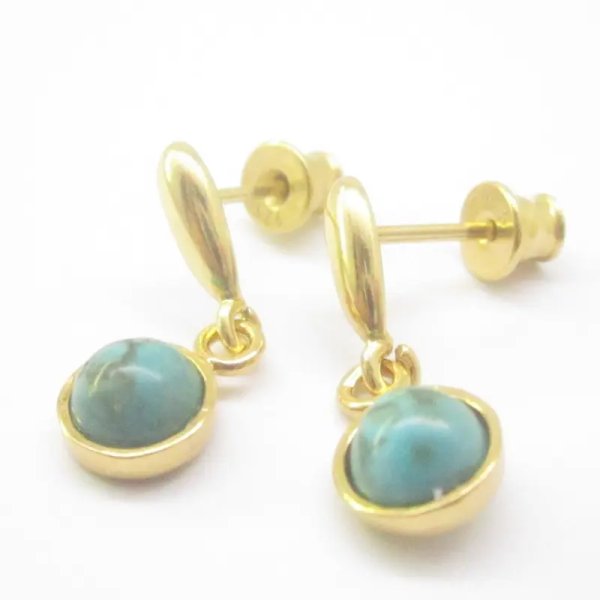 Turkus i srebro złocone - kolczyki wiszące sztyfty - okrągłe (para)