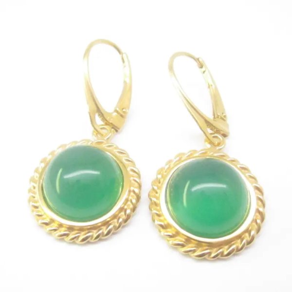 Agat zielony i srebro złocone - kolczyki okrągłe (para)